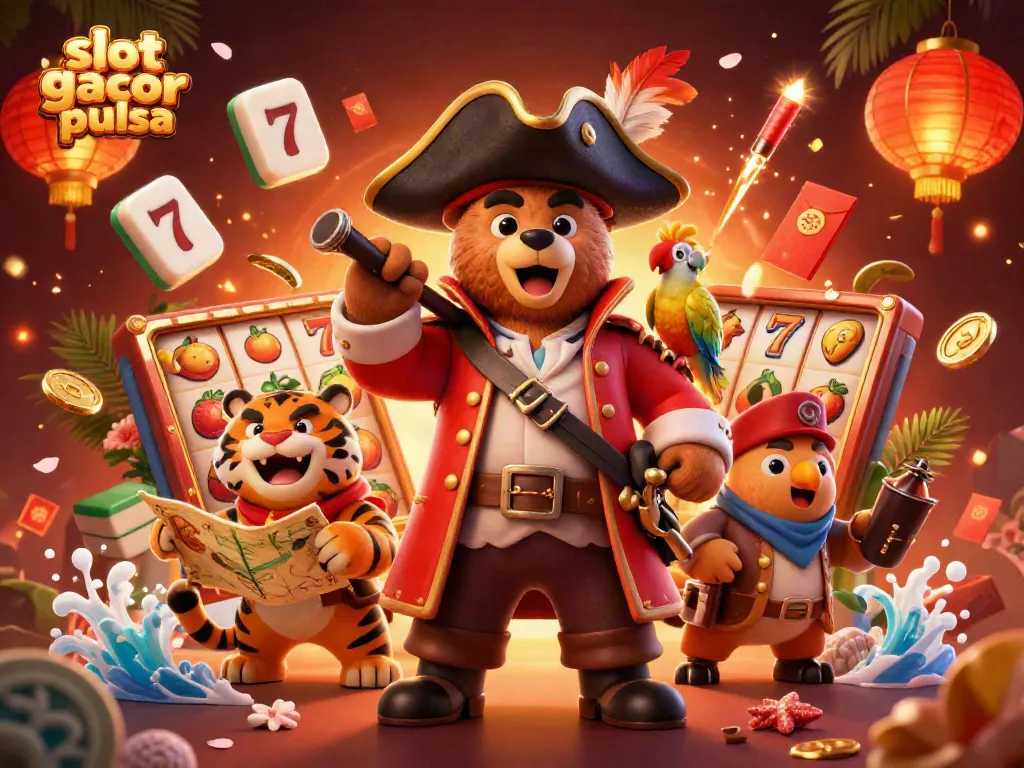 Engage with slot gacor pulsa in this vibrant 3D scene filled with action and casino elements.
