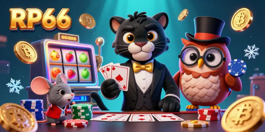 RP66 immersive casino scene with a stylish panther and friends engaging in thrilling slot machine action.