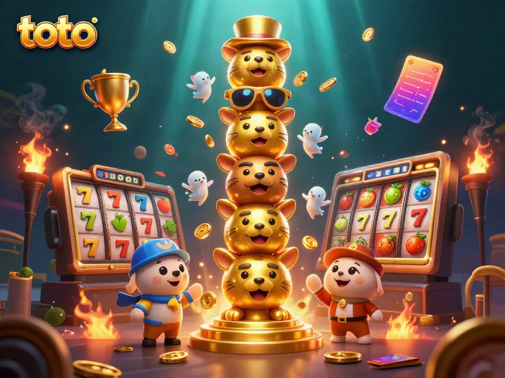 Win big with Toto-themed casino illustration showcasing a golden totem pole and dynamic gaming elements.