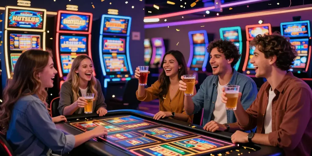 Freunde feiern beim Spielen im Hotslots Casino, umgeben von bunten Spielautomaten und einer lebhaften Atmosphäre.