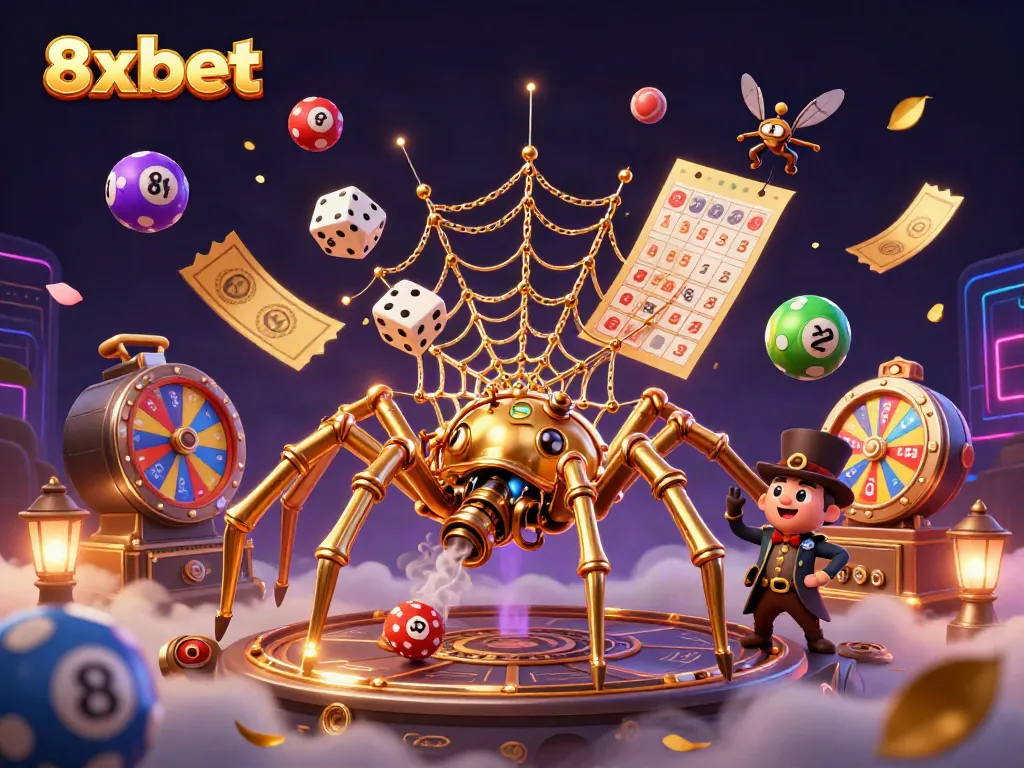 Engage in thrilling 8xbet gaming as a golden spider weaves a captivating web of luck and chance.