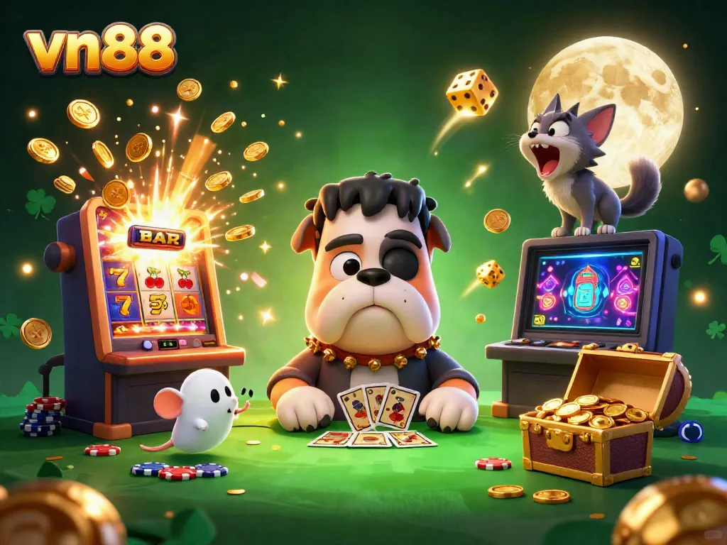 Engage with vn88 casino excitement as a cartoon dog dealer and werewolf kitten bring a vibrant gaming atmosphere alive.