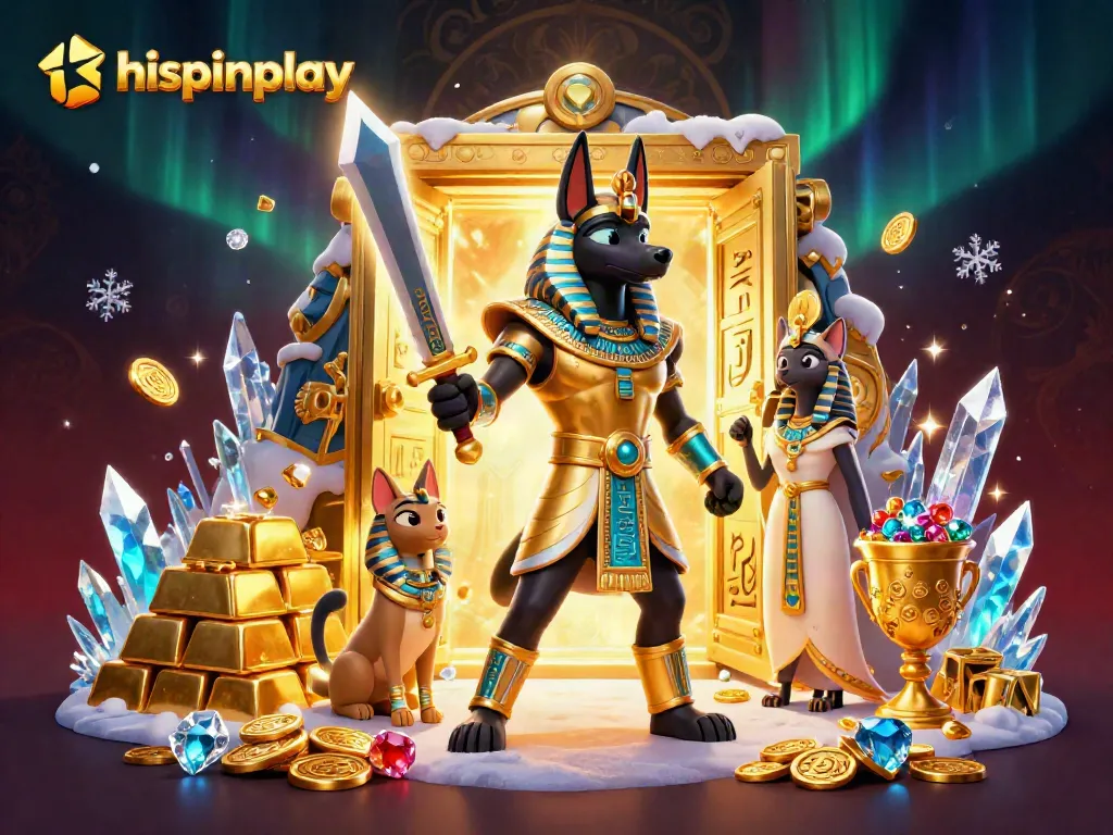Experience excitement at hispinplay with a vivid 3D scene of ancient Egyptian warriors and treasures.