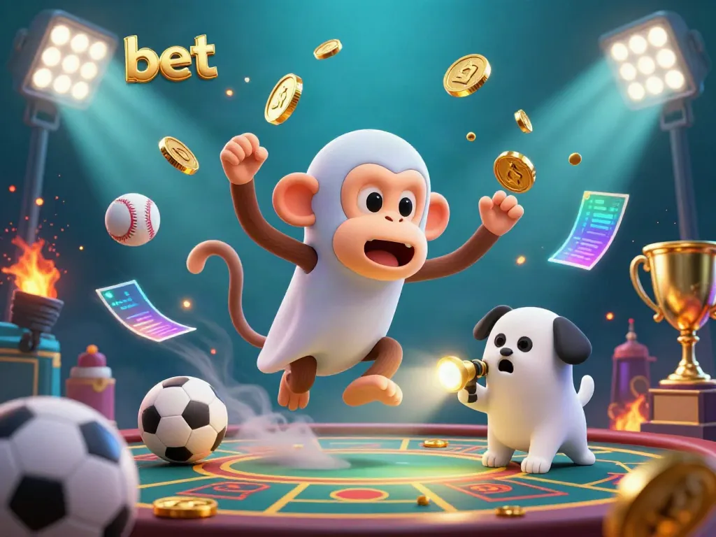 Engage with fe bet in this captivating casino scene featuring a playful poltergeist monkey and a curious puppy.