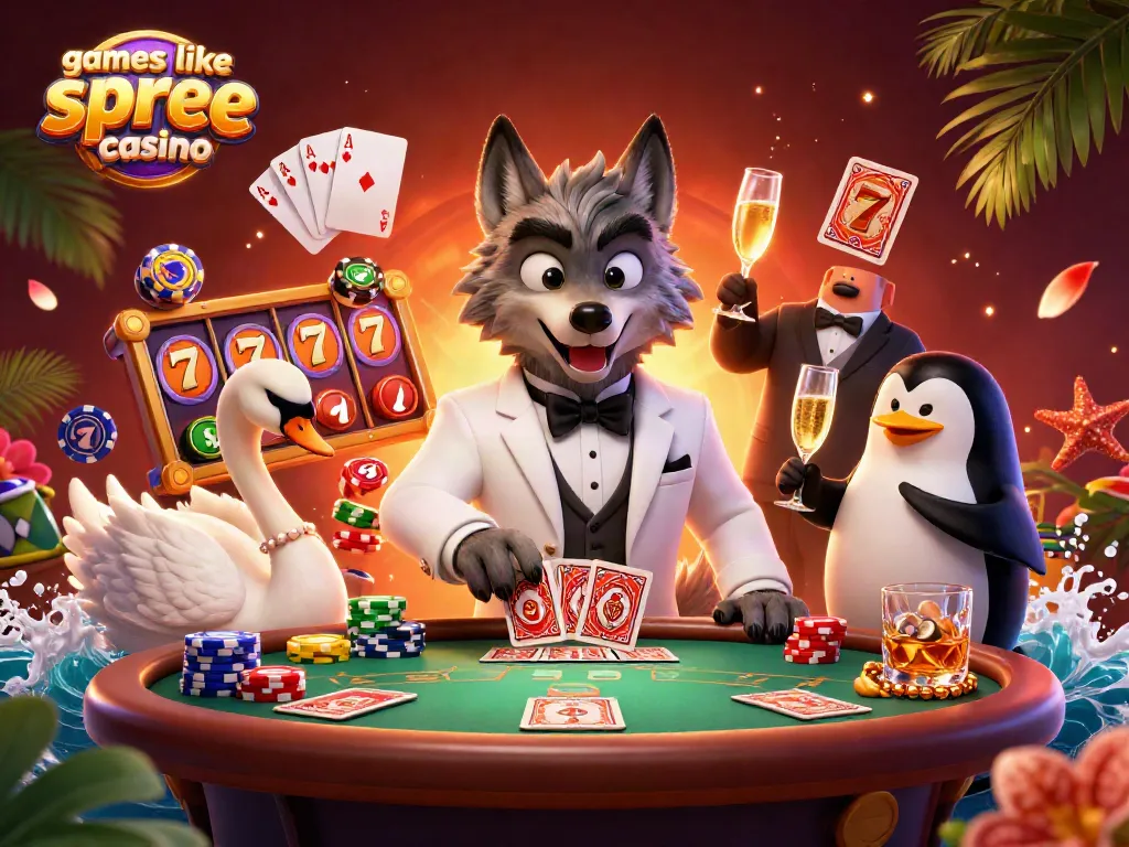 Play games like spree casino with a 3D cartoon illustration of colorful slots and playful characters
