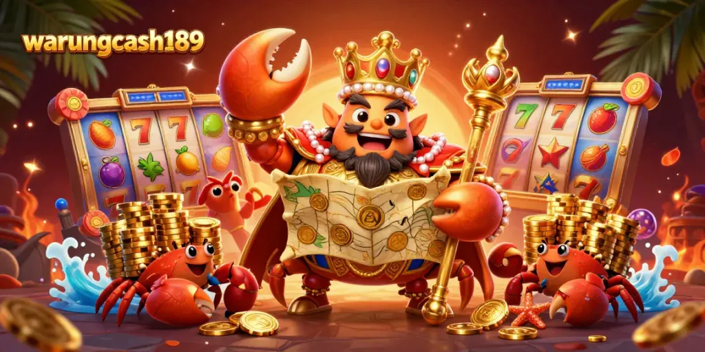 Experience the excitement of warungcash189 slot with a golden crab emperor, vibrant slot reels, and treasure in this engaging 3D illustration.