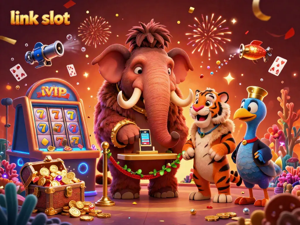 Experience vibrant link slot excitement with a lively casino bouncer, VIP tiger, and dodo doorman surrounded by dazzling treasures.