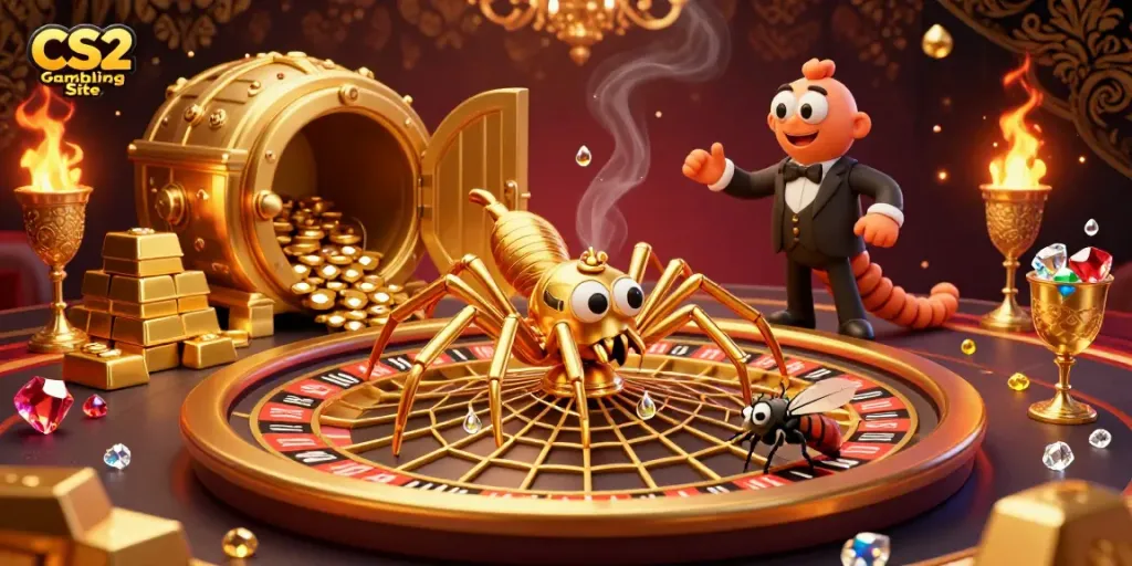 Engage with the vibrant world of CS2 Gambling Site featuring a golden spider roulette wheel and dynamic treasures.