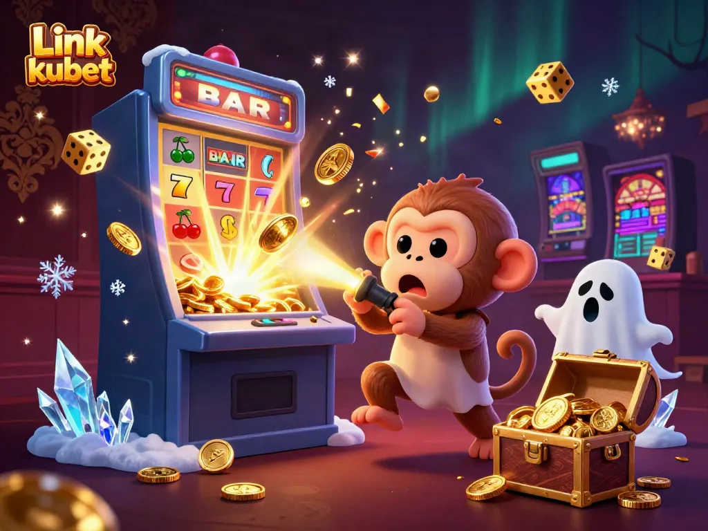 Engage with the lively casino spirit at Link kubet, with a playful ghost and adventurous puppy amidst gaming symbols.