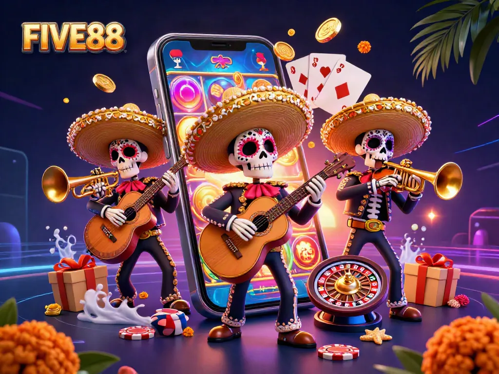 Experience exciting wins with FIVE88, featuring vibrant 3D colorful illustrations and dynamic casino gaming elements.