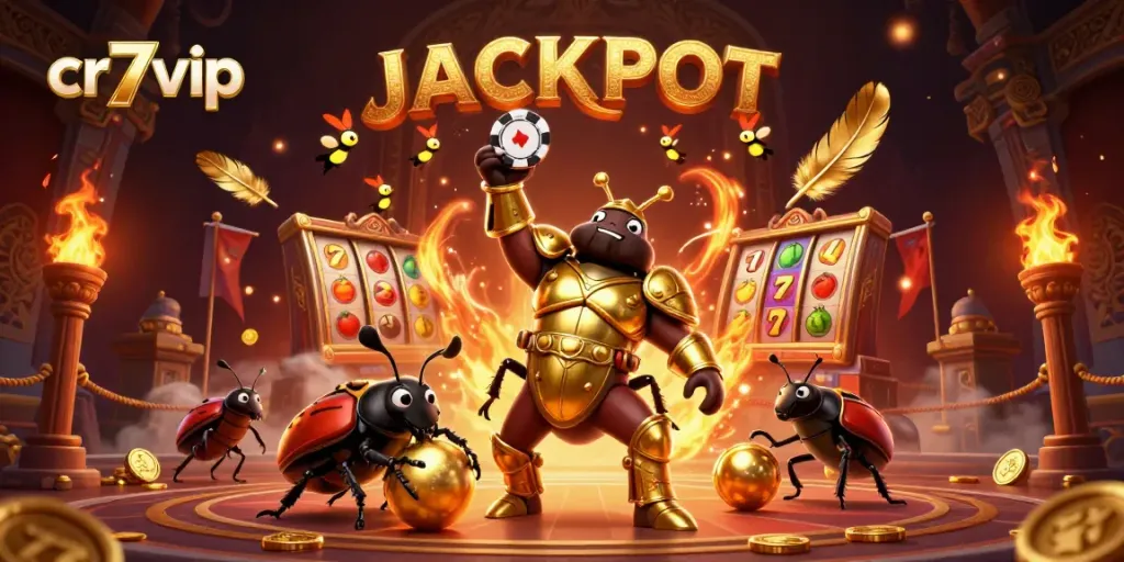 CR7VIP menghadirkan ilustrasi kasino yang menarik dengan makhluk berani menggunakan poker chip dan simbol slot.