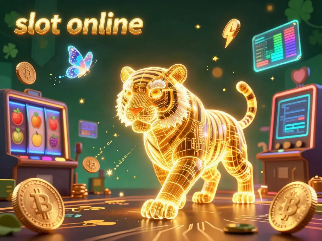 Engage in thrilling slot online gaming with a vibrant 3D casino scene featuring a golden tiger and crypto elements.