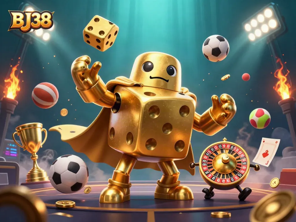 Engage with BJ38 by experiencing dynamic golden dice juggling amidst a thrilling casino atmosphere.