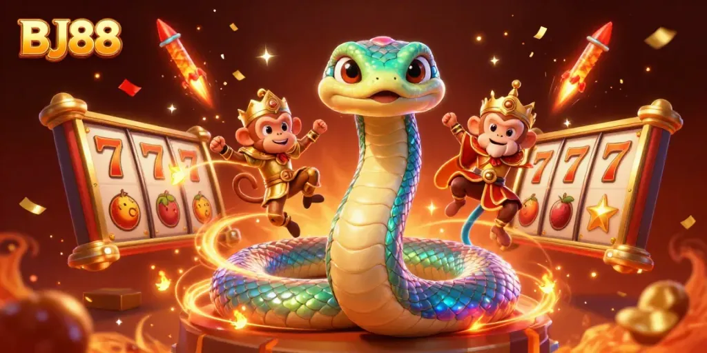 BJ88 offers a vibrant casino experience with a colorful serpent and playful characters celebrating winnings.