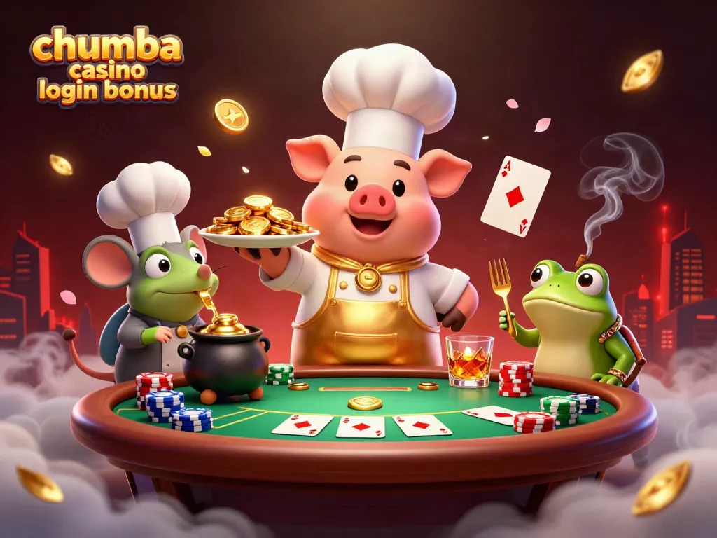 Experience the chumba casino login bonus with a lively illustration of characters amidst casino elements.