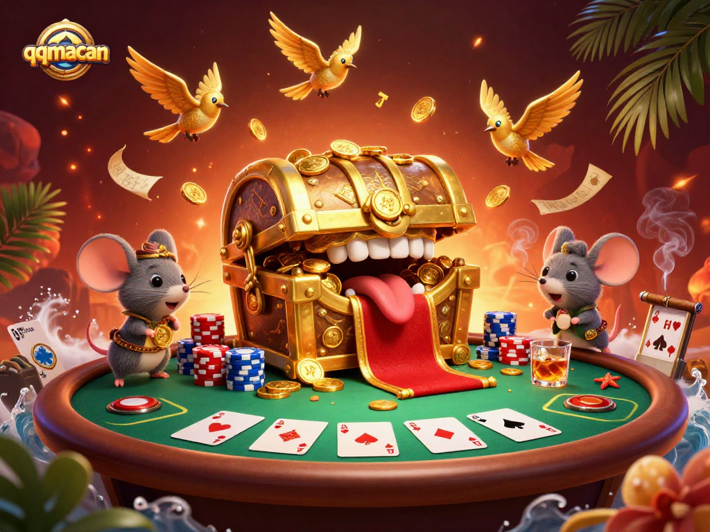 Engage with the thrilling world of qqmacan as adventurer mice chase treasure amidst vibrant casino elements.