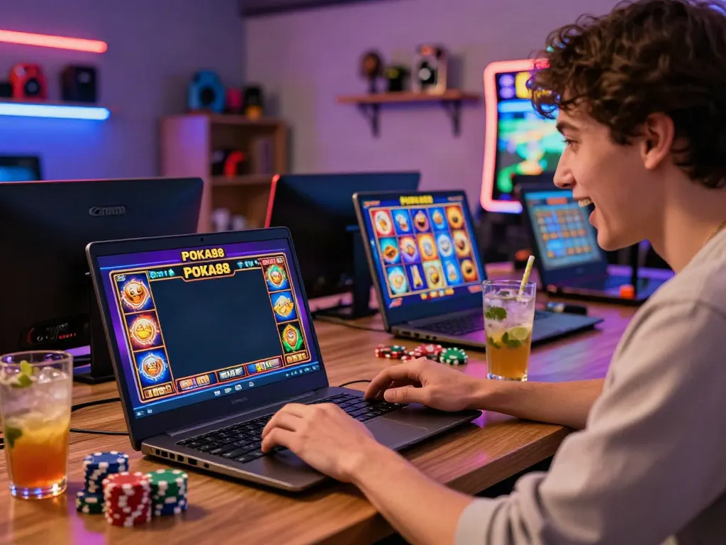 Excited user playing slot games on POKA88 app with colorful graphics