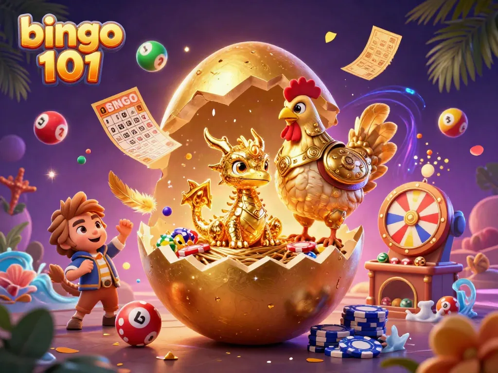 Permainan bingo 101 dengan bola bernomor dan kartu bingo terbang, menarik perhatian pemain.