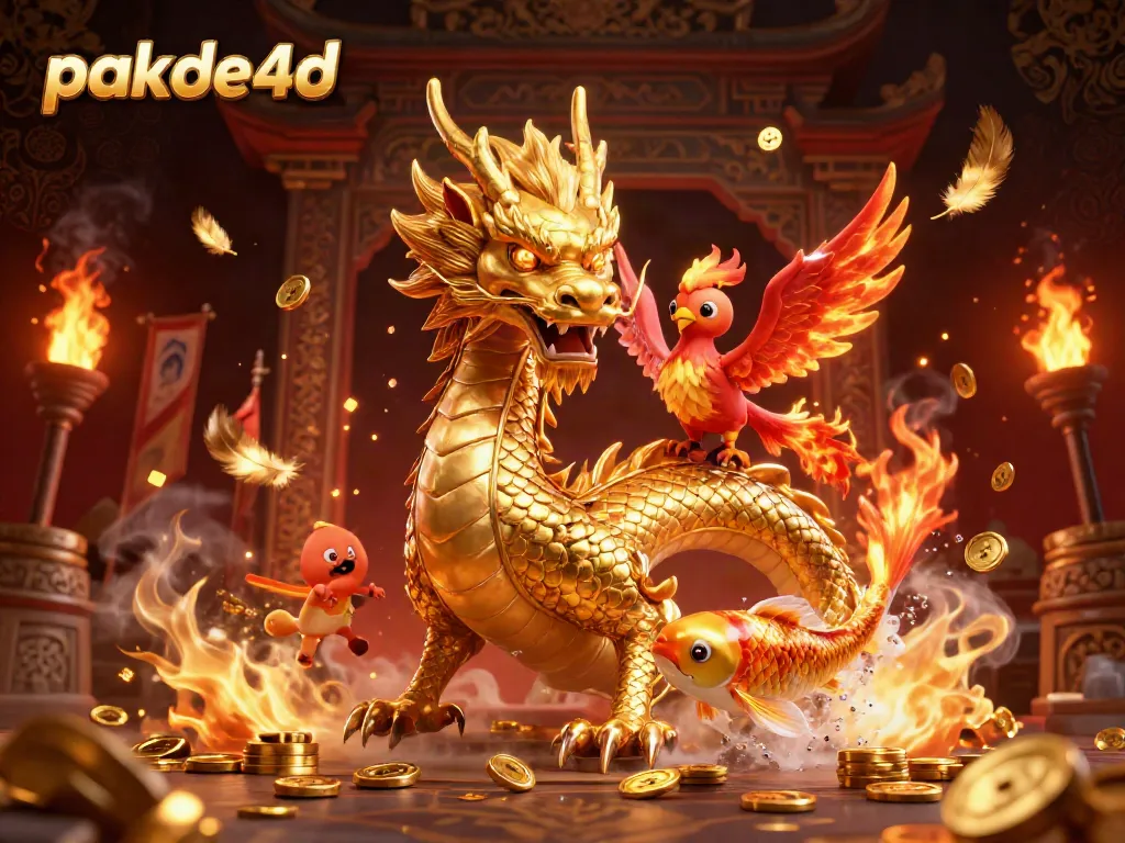 Experience winning moments at pakde4d with a fierce dragon and phoenix under a shower of coins.