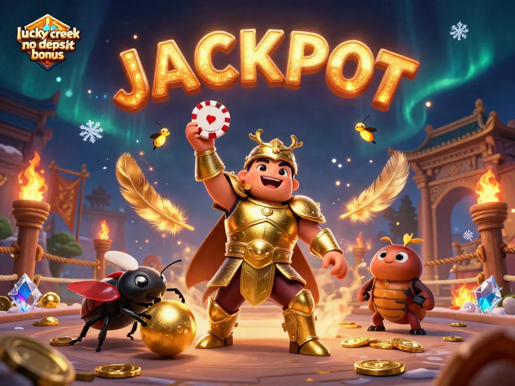 Experience the exciting lucky creek no deposit bonus while witnessing a 3D cartoon beetle celebration.