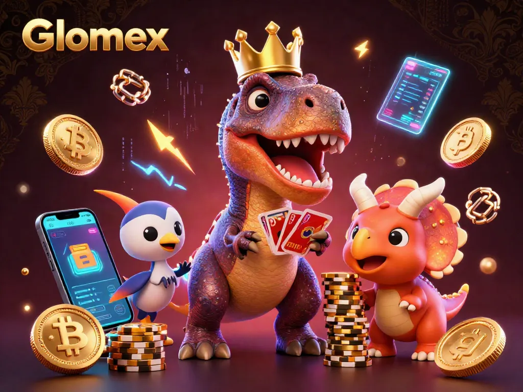 Glomex showcases dynamic casino action with friendly dinosaurs shuffling cards and stacking chips.