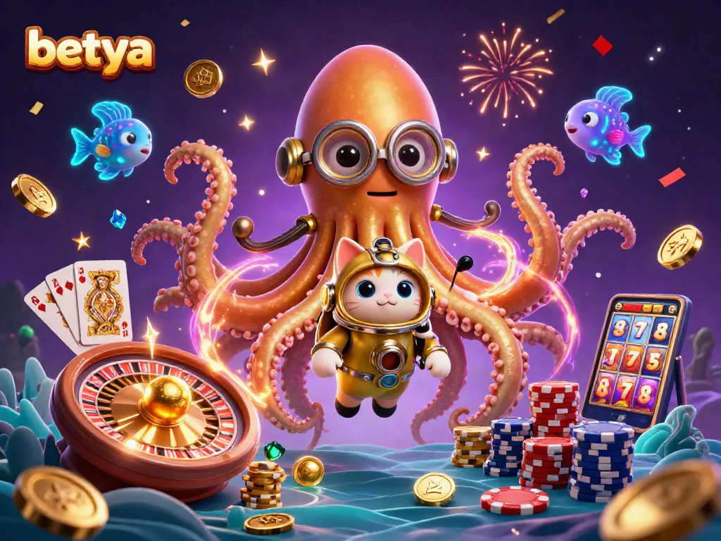 Experience thrilling gameplay at Betya with vibrant 3D illustration of casino adventures featuring jackpots and casino elements.