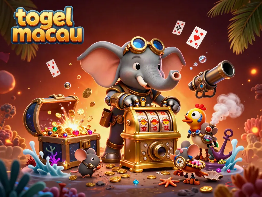 Experience the excitement of togel macau with a vibrant steampunk elephant operating a slot machine surrounded by treasures.