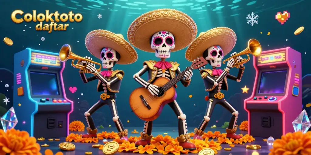 Experience thrilling gaming at coloktoto daftar with a colorful illustration of a mariachi band surrounded by vibrant arcade elements and casino motifs.