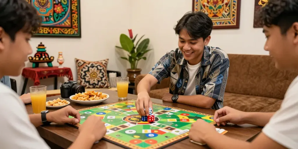 friends enjoying nyonya4d game with traditional decorations and snacks