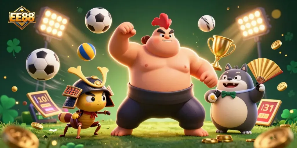 EE88 showcases an energetic sumo rooster and samurai cricket in a vibrant casino scene filled with sports elements.