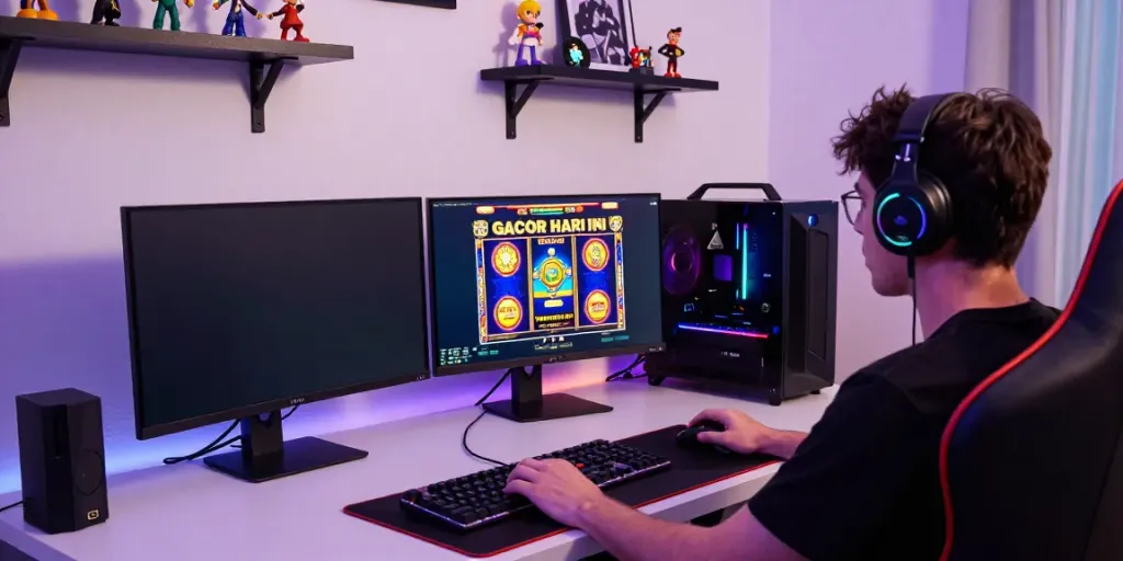 Exciting home gaming setup showcasing slot gacor hari ini gameplay with dual monitors, vibrant graphics, and immersive gaming atmosphere.