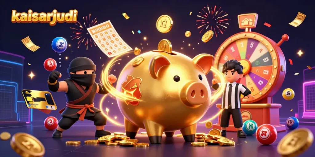 Kaisarjudi theme showcasing a golden piggy bank sumo wrestler surrounded by dynamic lottery elements celebrating a big win.