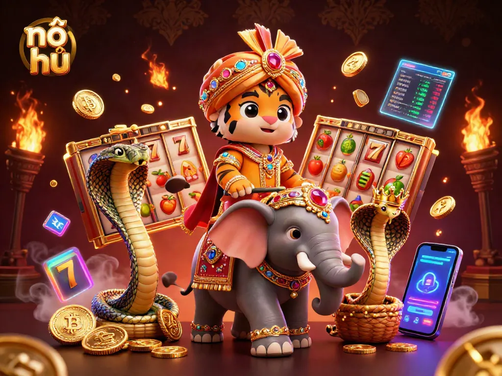 Nổ hũ gaining excitement with vibrant 3D illustration of a maharaja tiger, jackpot reels, and crypto elements.