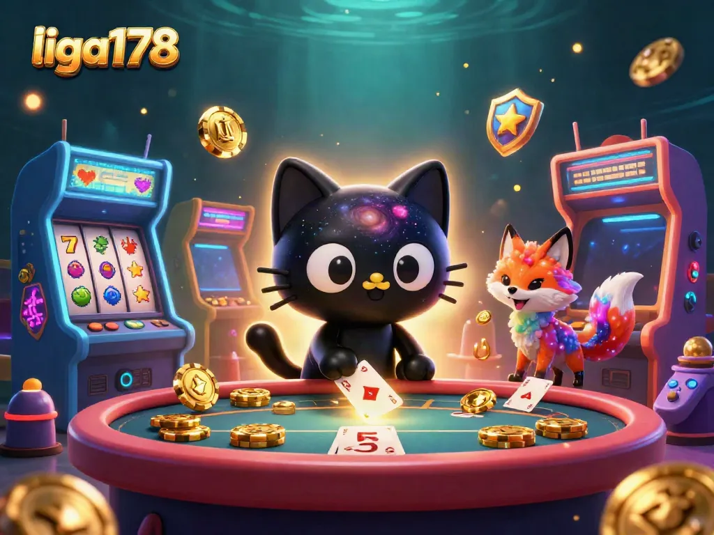 Berjudi di liga178 dengan kucing hitam galaksi dan rubah nebula dalam ilustrasi kasino 3D.