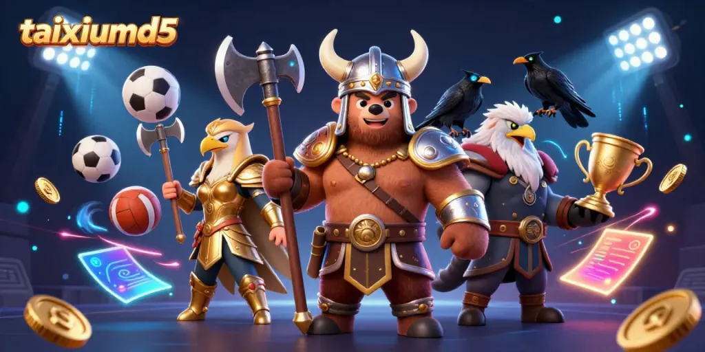 Bet on thrilling gaming adventures at taixiumd5 with dynamic 3D illustration showing Viking berserker, Valkyrie eagle, and sports elements.