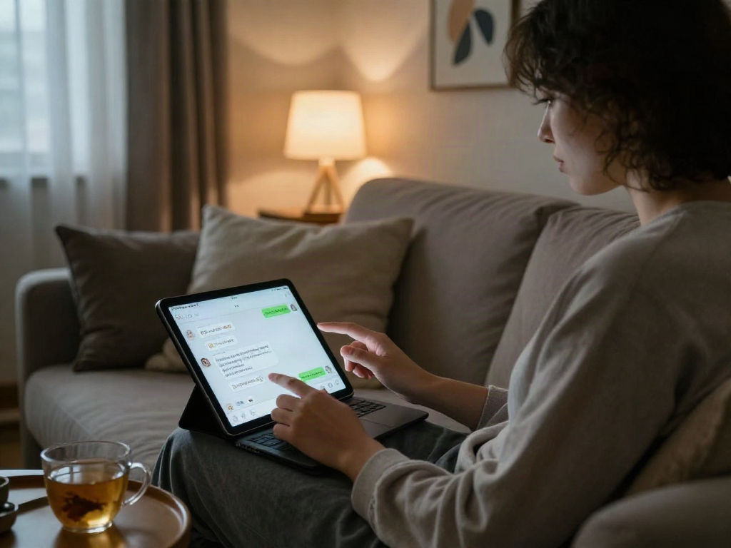 Engaging in a cozy sex ai chat with a tablet, soft ambient lighting, and a warm atmosphere