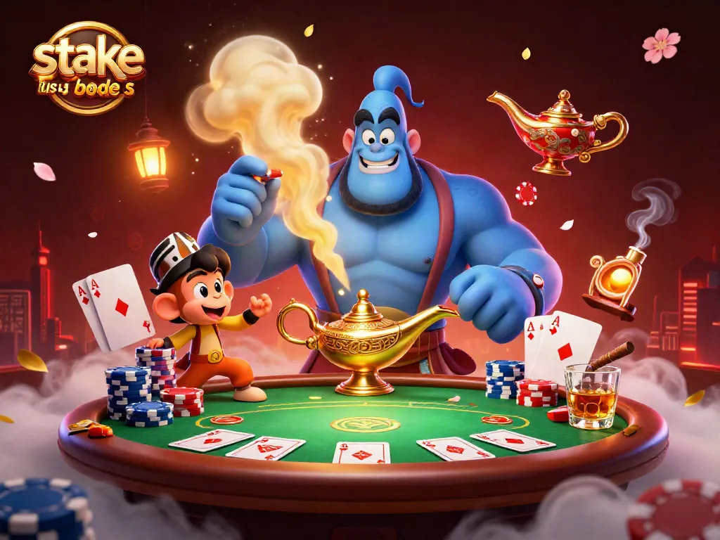 Engage with stake us bonus codes through a vibrant casino fantasy scene with a genie, poker chips, and magic.