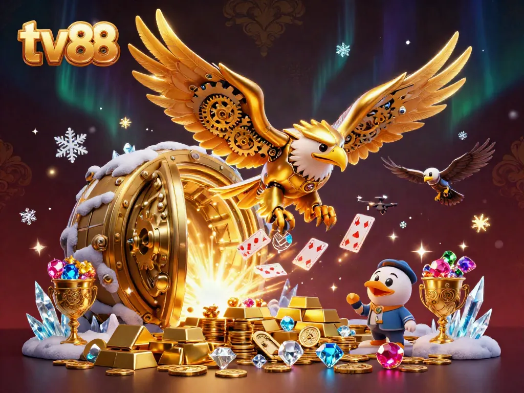 Win big at tv88 with a 3D cybernetic golden eagle amidst a treasure vault scene.