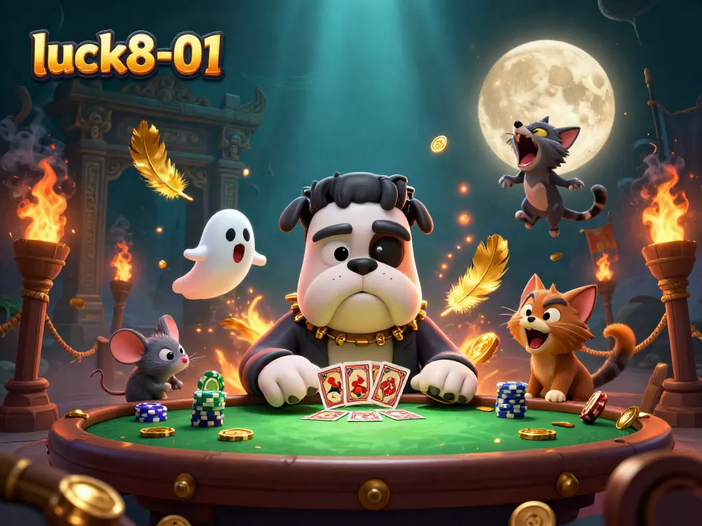 Witness the action unfold at luck8-01 with a Frankenstein bulldog and ghost mouse in a thrilling casino scene.