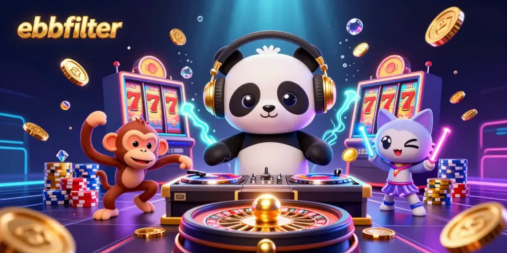 Experience thrilling gameplay with ebbfilter in this energetic scene featuring 3D cartoon characters amid vibrant casino elements.