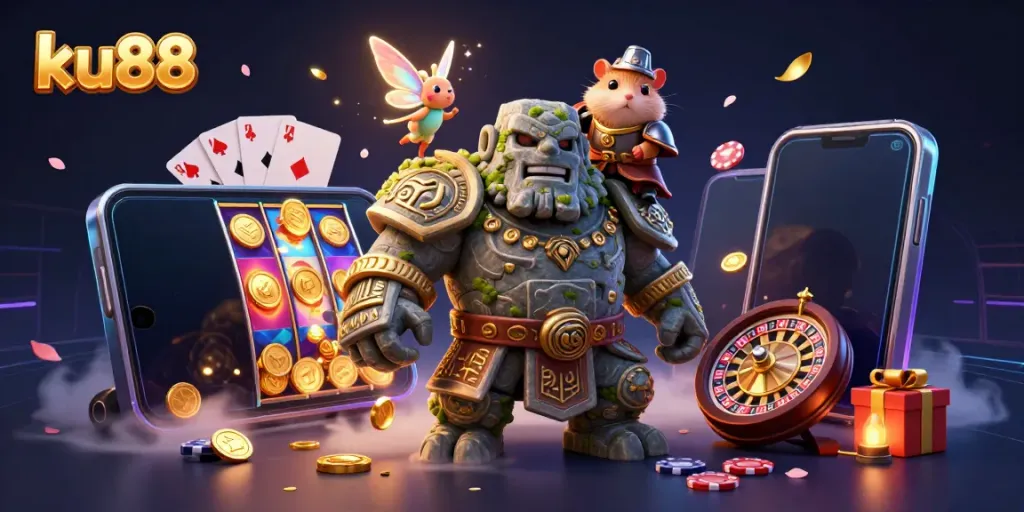 ku88 showcases a vibrant casino scene with a stone golem, a fairy, and a hamster knight amidst dynamic gaming elements.