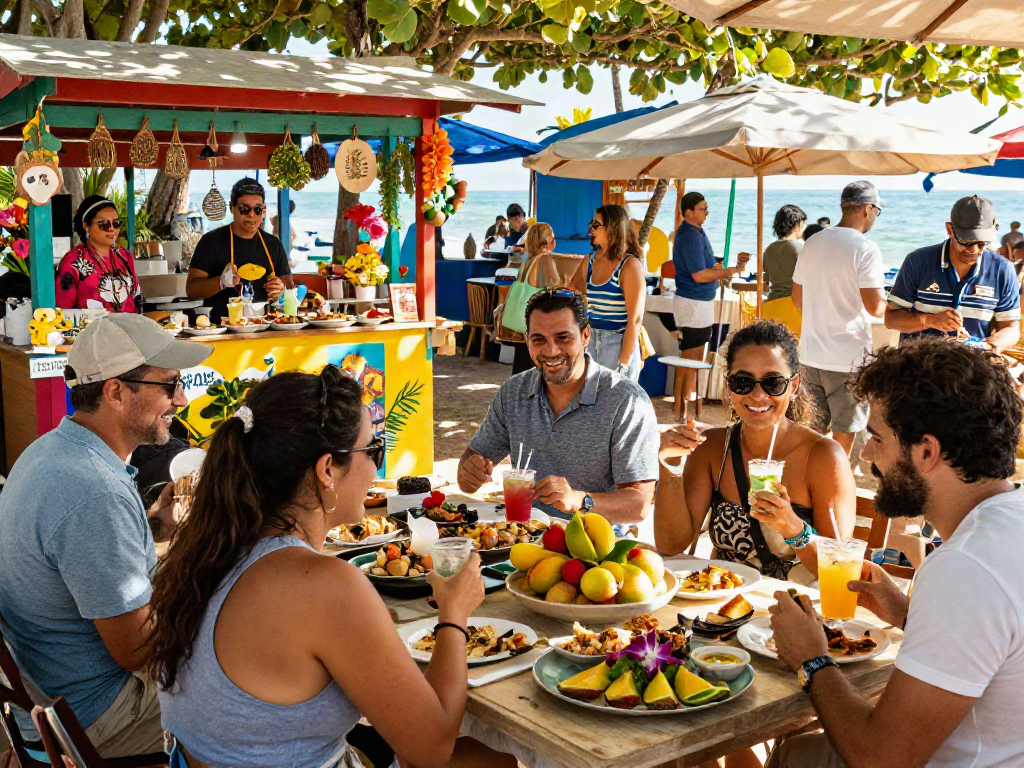 Group of travelers enjoying cultural food festival showcasing situs toto dishes at vibrant market.