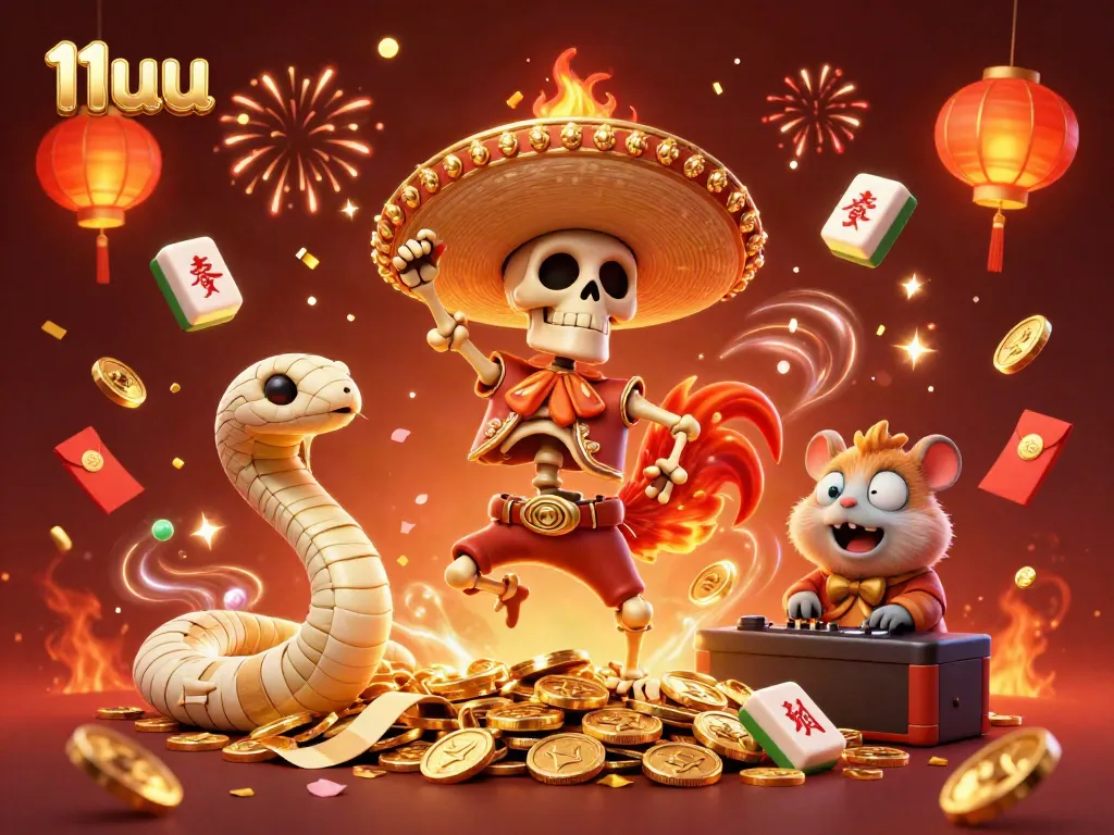 11uu showcases vibrant gaming elements with a celebratory scene featuring unique characters and festive decorations.