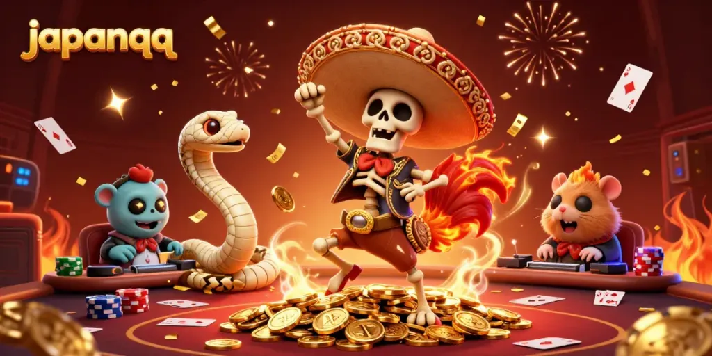 Permainan kartu poker di JepangQQ dengan suasana kasino yang meriah dan karakter unik.