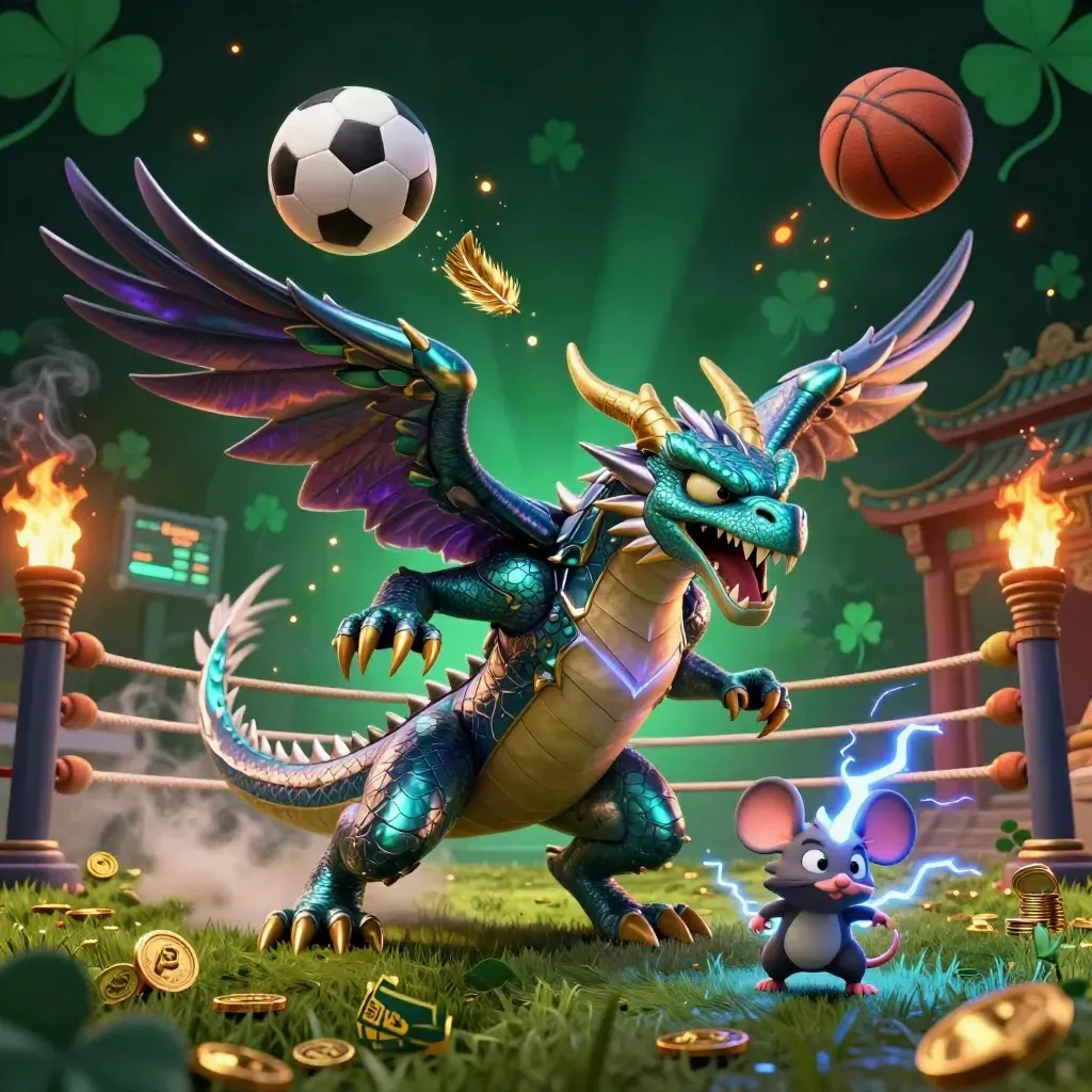 Thunder dragon, wind hawk, and static mouse amid flying sports gear, coins, and lightning.