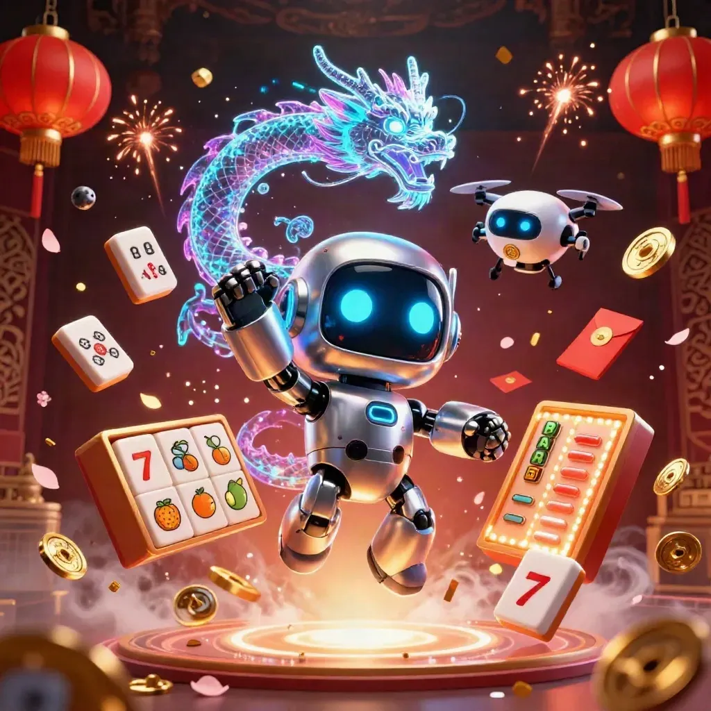Cyberpunk robot, holographic dragon, and drone amid casino luck symbols in a dark luxe burst.