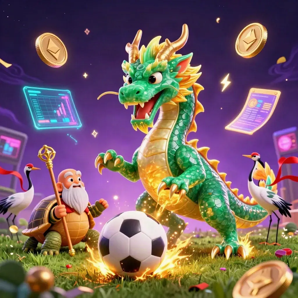 Jade dragon, turtle sage, cranes, coins, soccer ball, fire, and casino energy in a dark neon scene.
