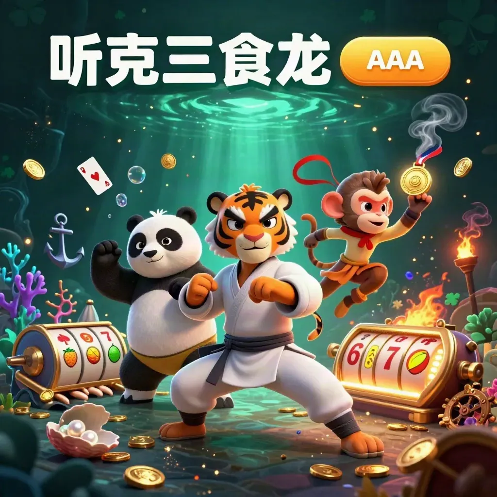 Kung-fu tiger, panda, and monkey amid underwater treasure, neon reels, and casino sparks.