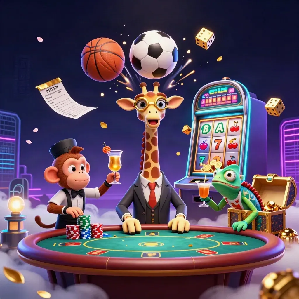 Giraffe, monkey and chameleon in a neon casino burst with slot symbols, balls and gold.