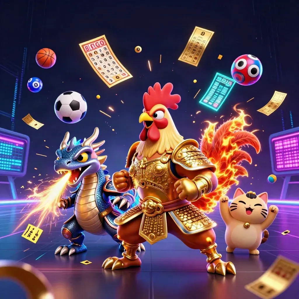 Rooster samurai, dragon hatchling, and fortune-cat amid neon casino sports chaos.